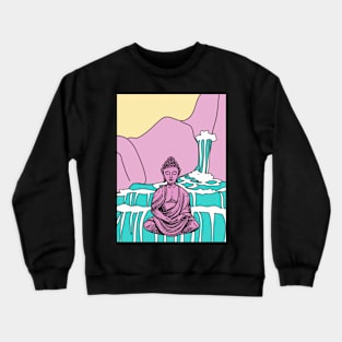 Blue and Pink Waterfall Buddha Graphic Crewneck Sweatshirt